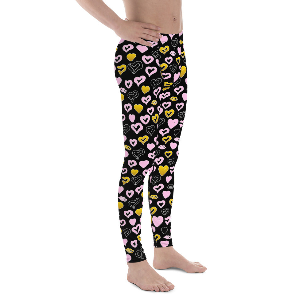 Men's all-over print leggings with white background, full-front view alternate angle.