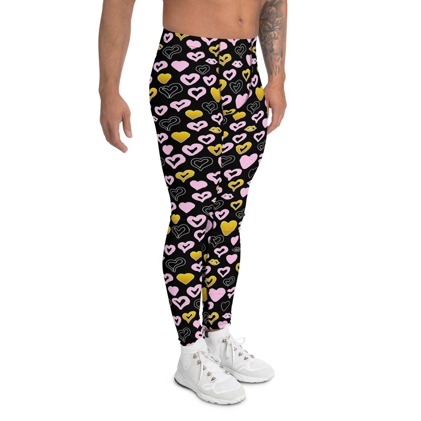 Men's all-over print leggings with white background, left-side view.