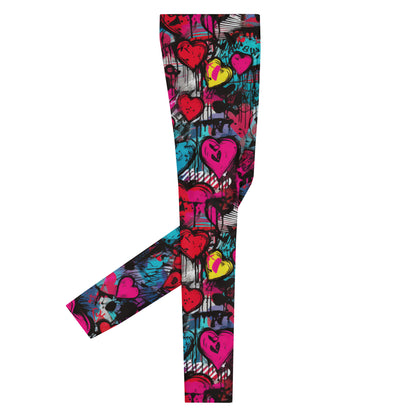 Men's Dance Leggings, Red Graffiti Hearts, Bold Print, Urban Art Explosion, Street Style, High-Performance Activewear