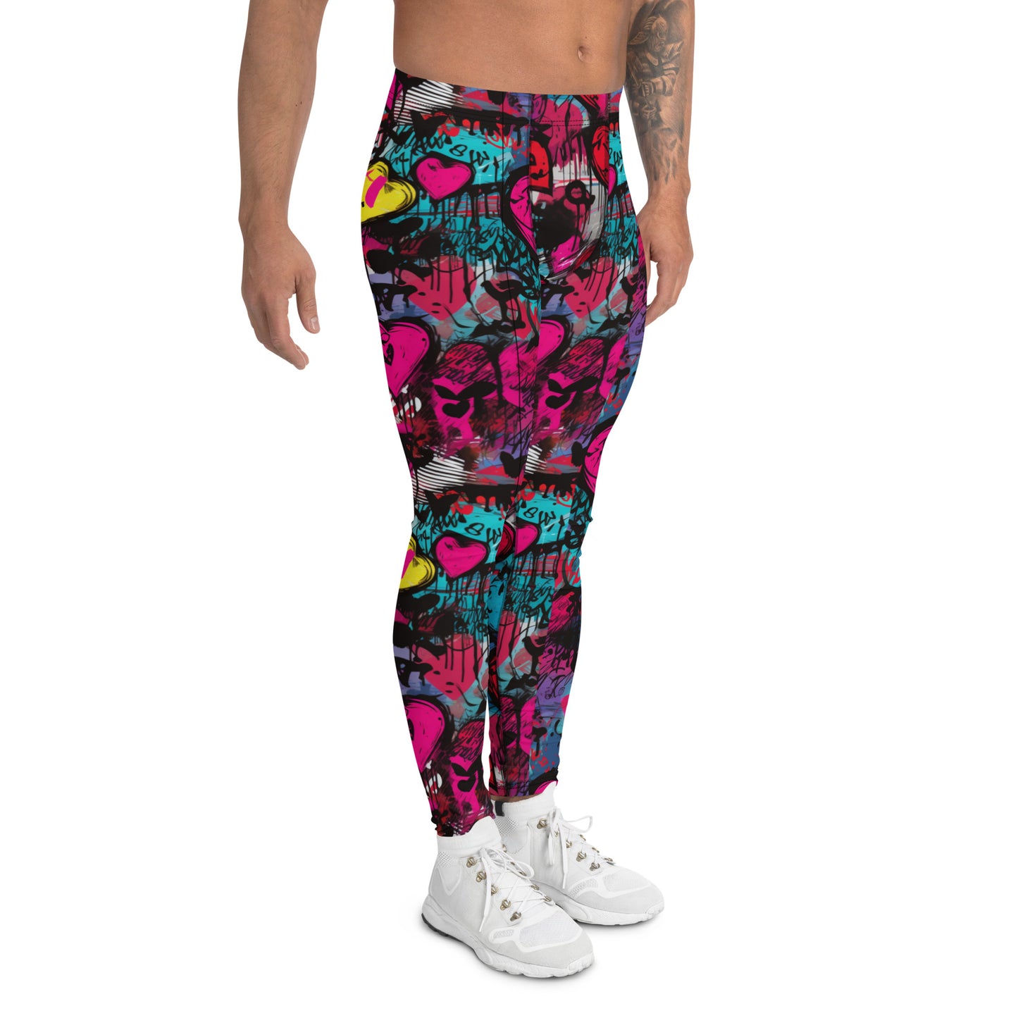 Men's Dance Leggings, Red Graffiti Hearts, Bold Print, Urban Art Explosion, Street Style, High-Performance Activewear