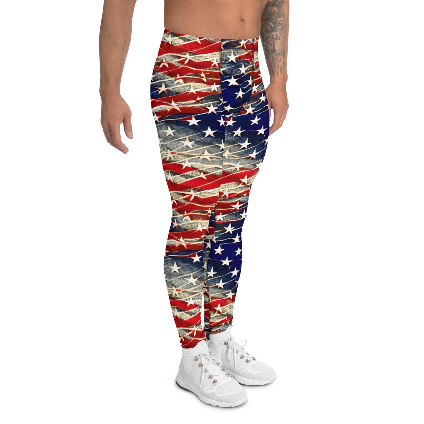 Men's all-over print leggings with white background, right-side view.