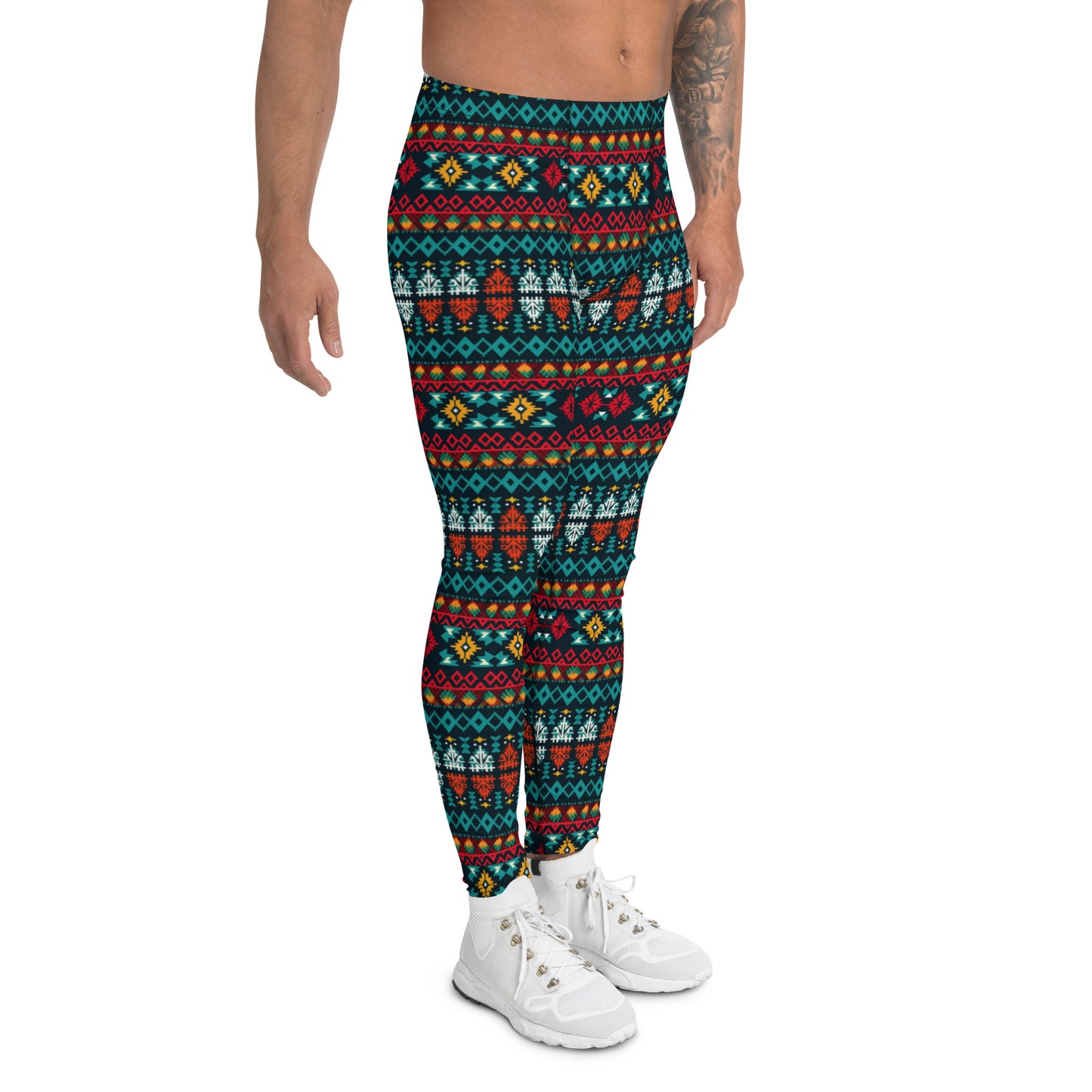 Men's all-over print leggings with white background, left-side view.