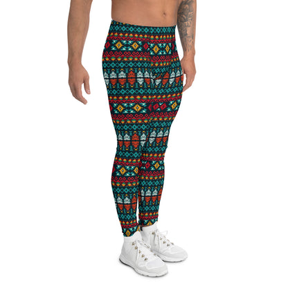 Men's all-over print leggings with white background, left-side view.