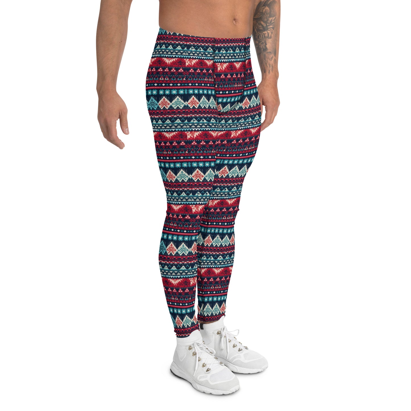 Men's all-over print leggings with white background, right-side view.