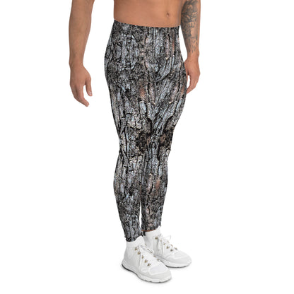 Men's all-over print leggings with white background, full-back view.