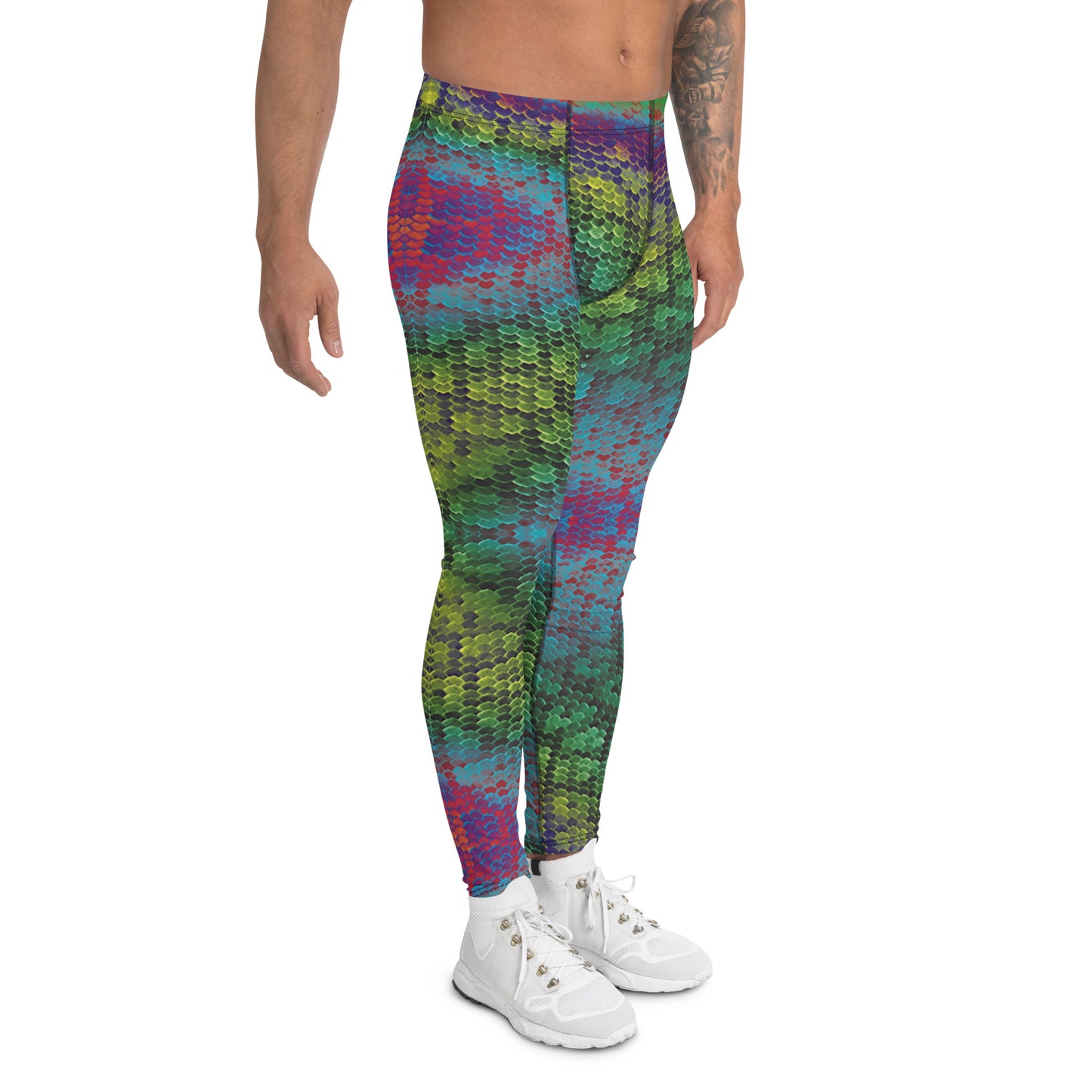 Men's all-over print leggings with white background, full-front view alternate angle.