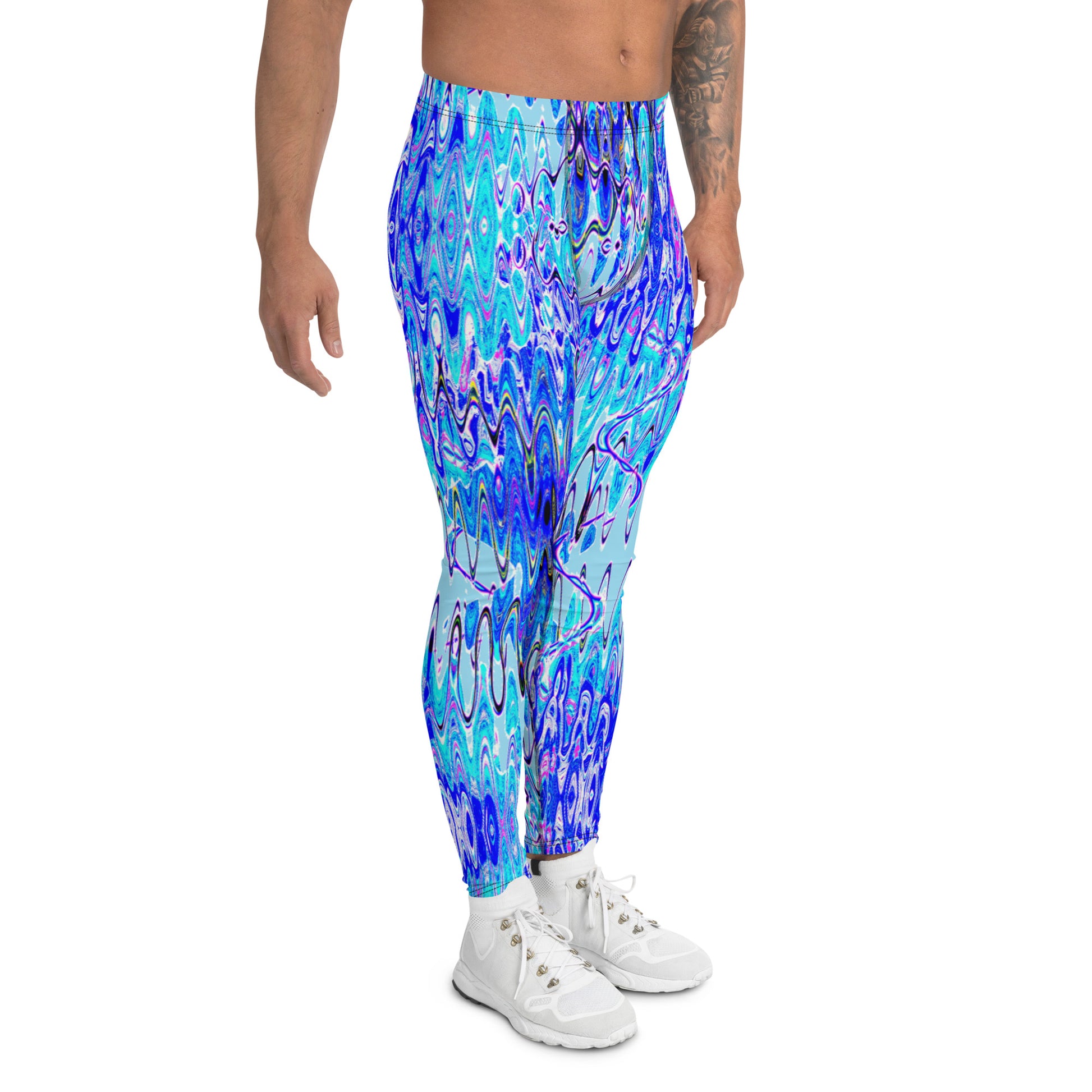 Men's all-over print leggings with white background, full-front view alternate angle.