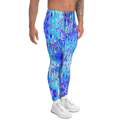 Men's all-over print leggings with white background, full-front view alternate angle.