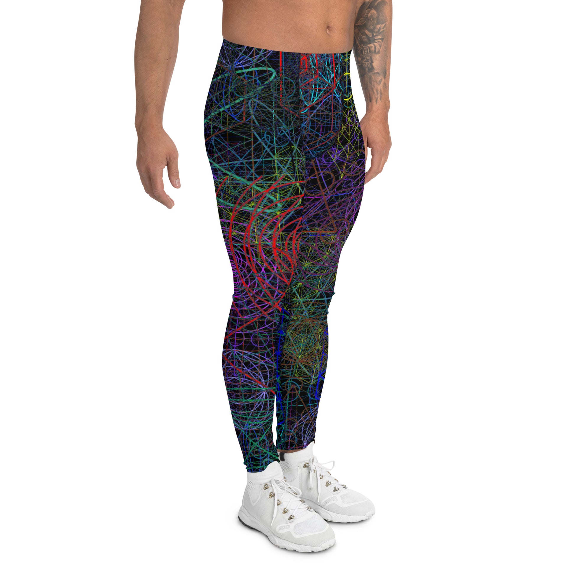 Men's all-over print leggings with white background, full-back view alternate angle.