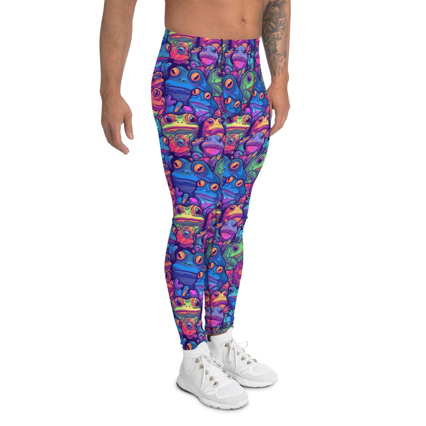 Men's all-over print leggings with white background, right-side view.