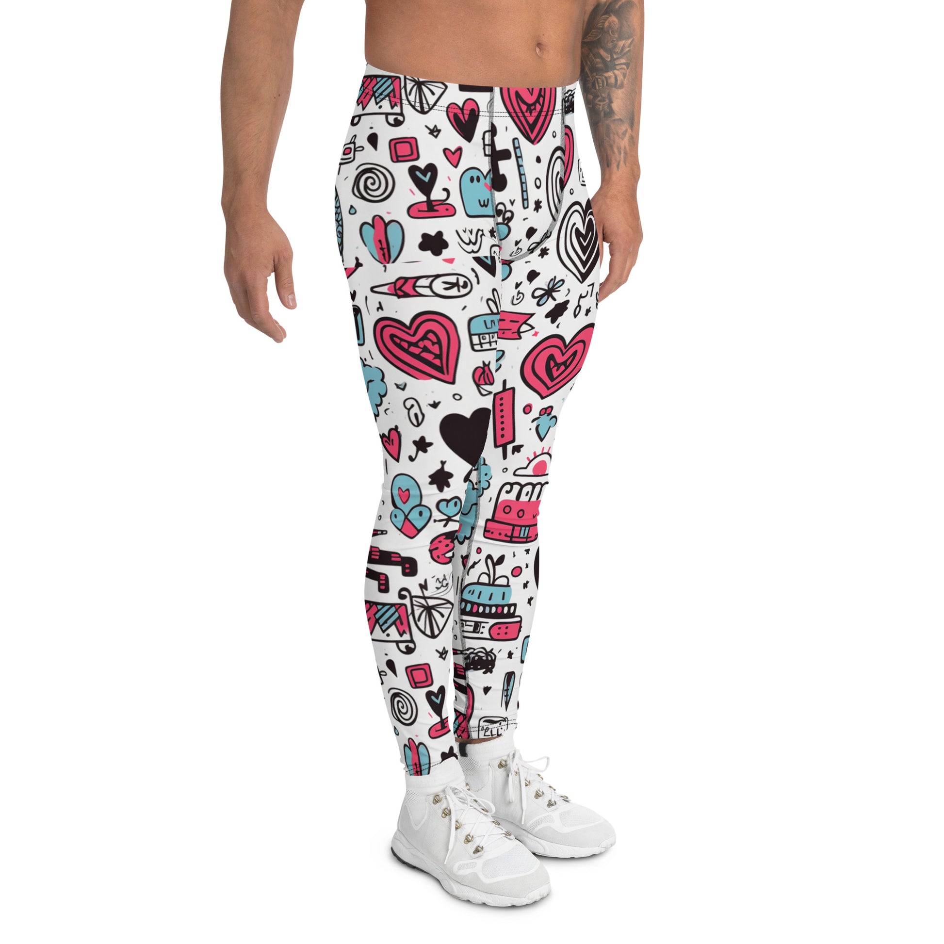 Men's all-over print leggings with white background, right-side view.