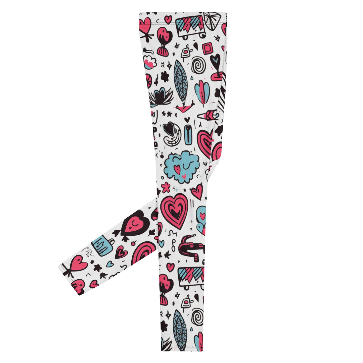 Men's all-over print leggings with white background, right-side view alternate angle.