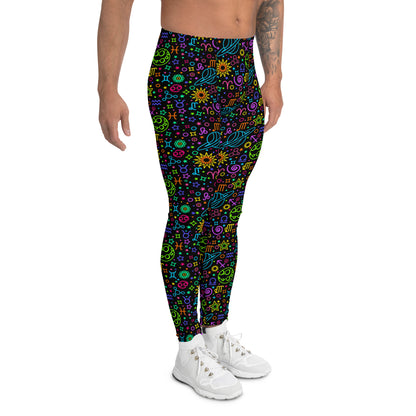 Men's all-over print leggings with white background, right-side view.