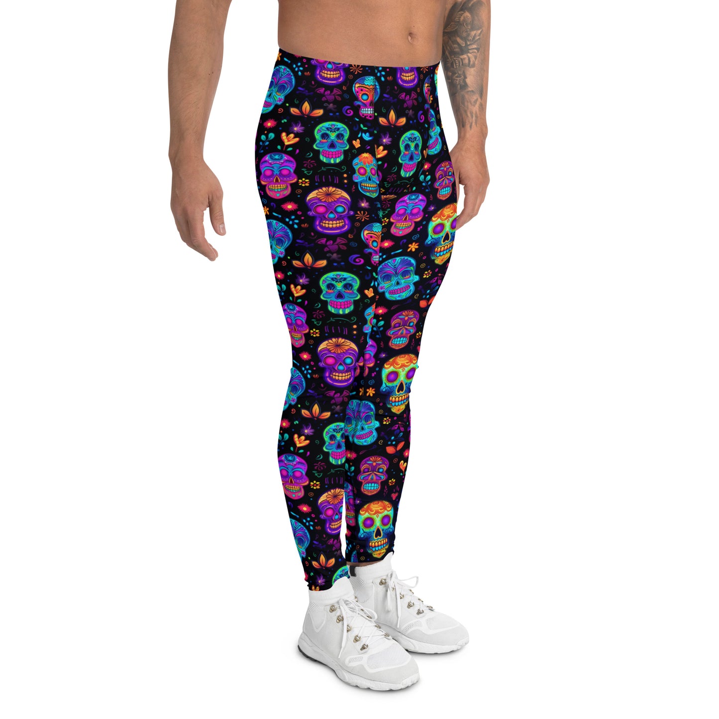 Men's all-over print leggings with white background, right-side view.