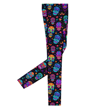 Men's all-over print leggings with white background, right-side view alternate angle.