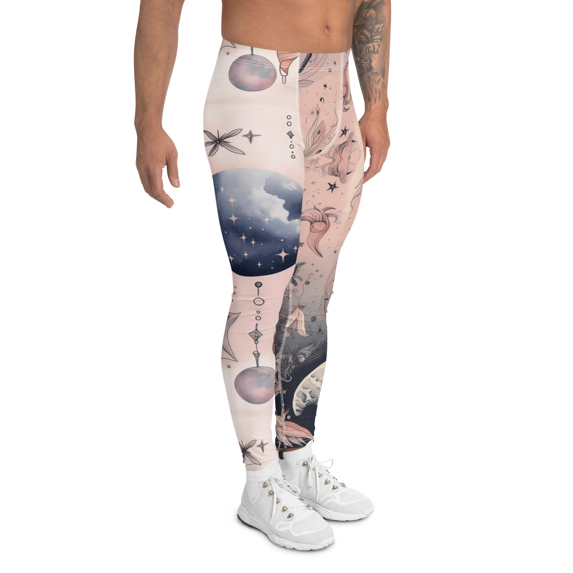 Men's all-over print leggings with white background, right-side view.