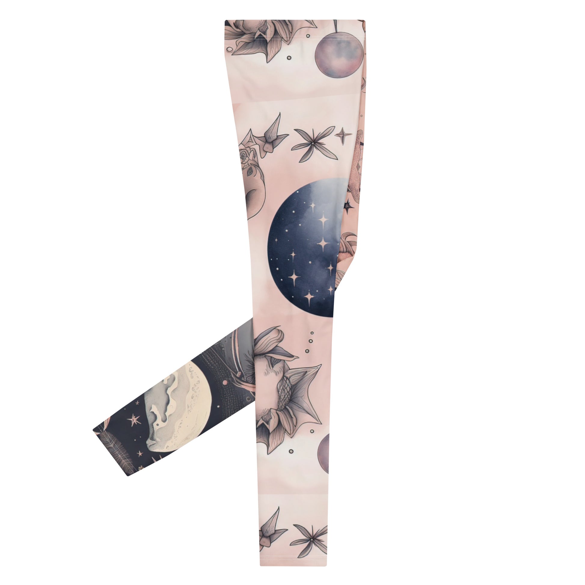 Men's all-over print leggings with white background, right-side view alternate angle.