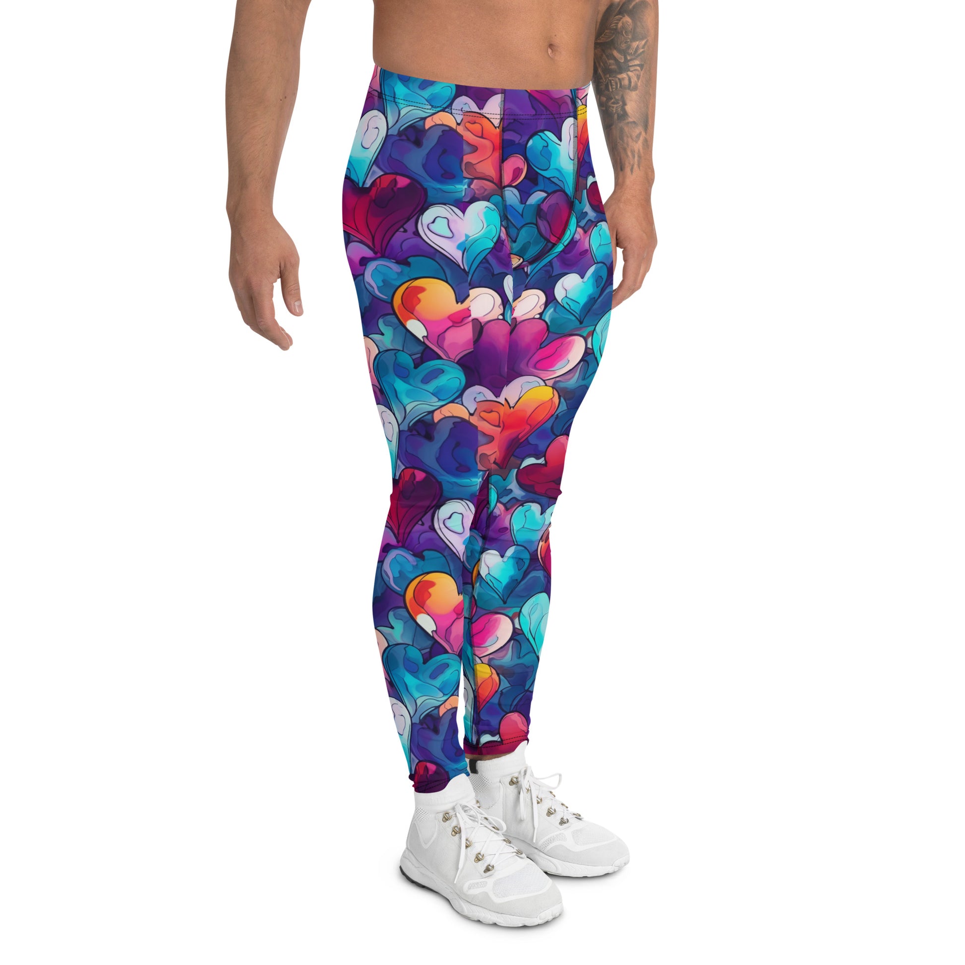 Men's all-over print leggings with white background, right-side view alternate angle.