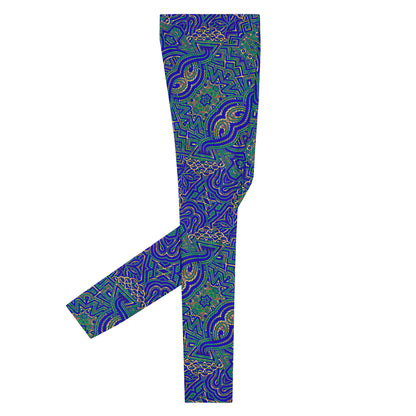 Men's all-over print leggings with white background, left-side view alternate angle.