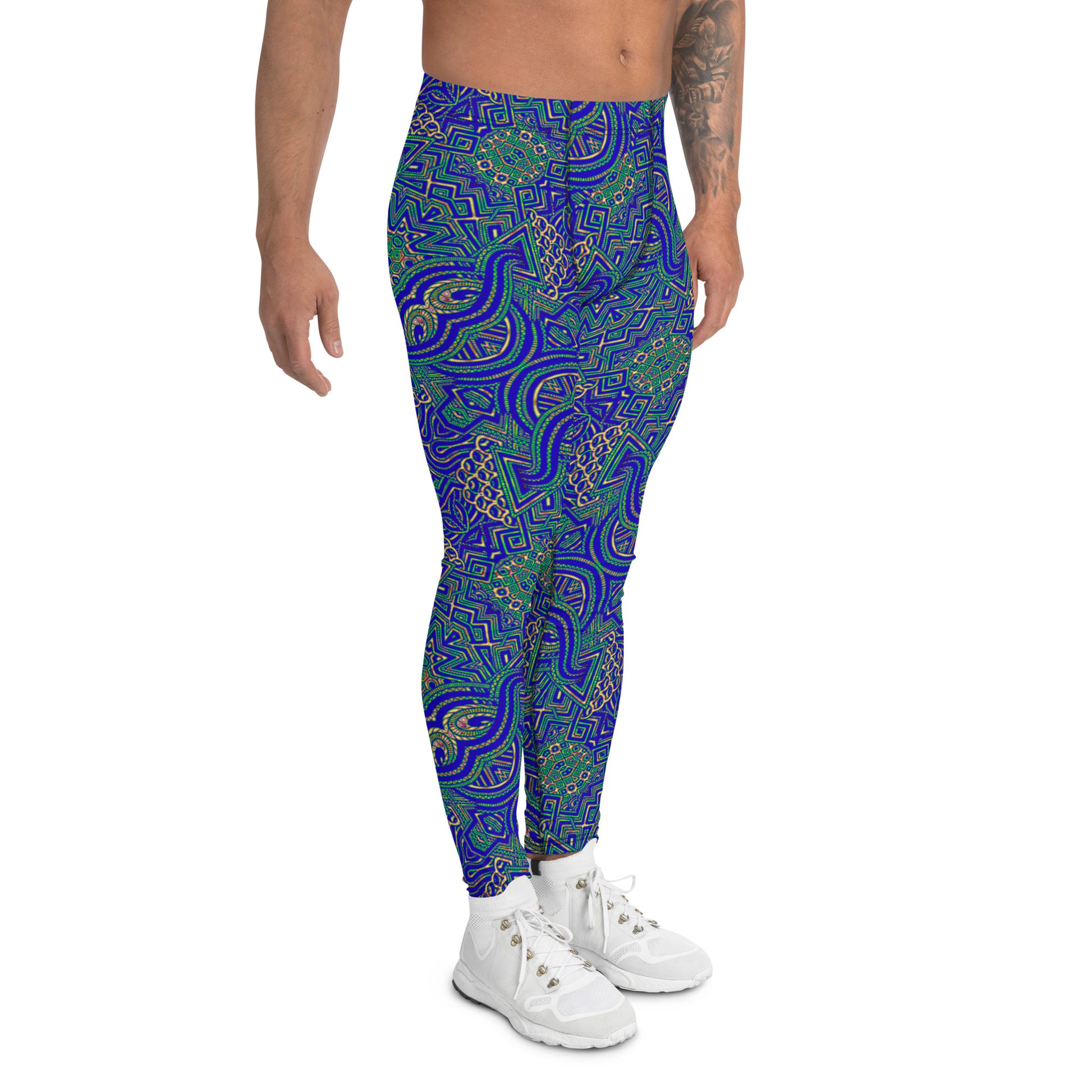 Men's all-over print leggings with white background, right-side view alternate angle.