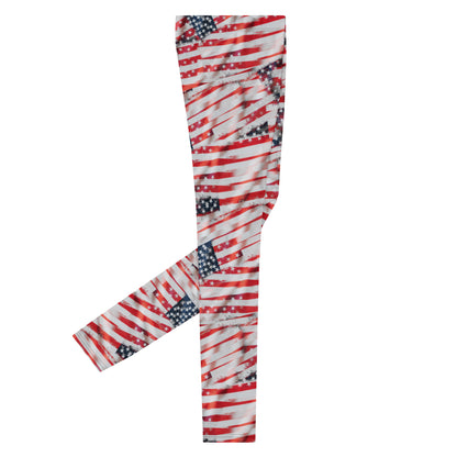 Men's all-over print leggings with white background, left-side view alternate angle.