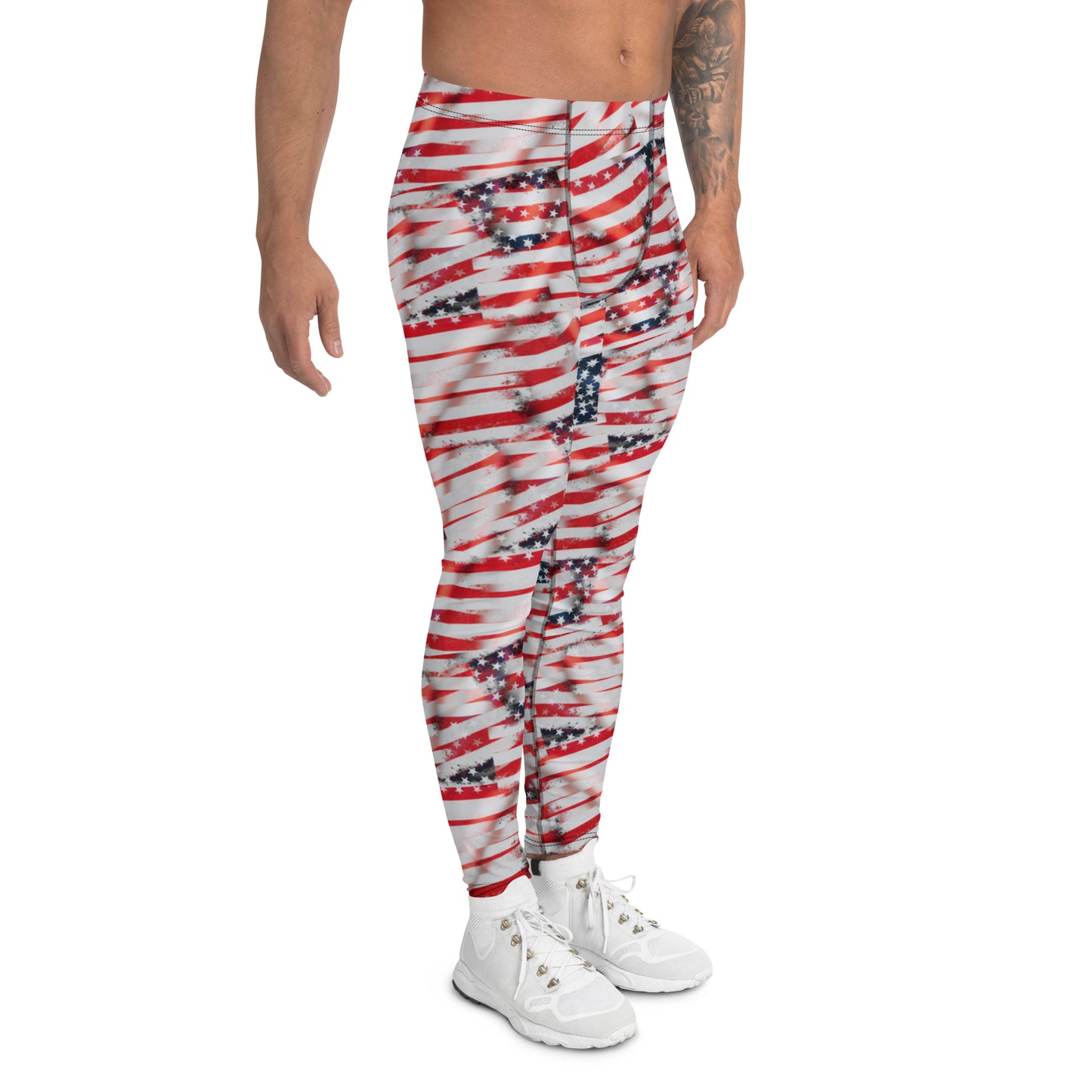 Men's all-over print leggings with white background, right-side view alternate angle.