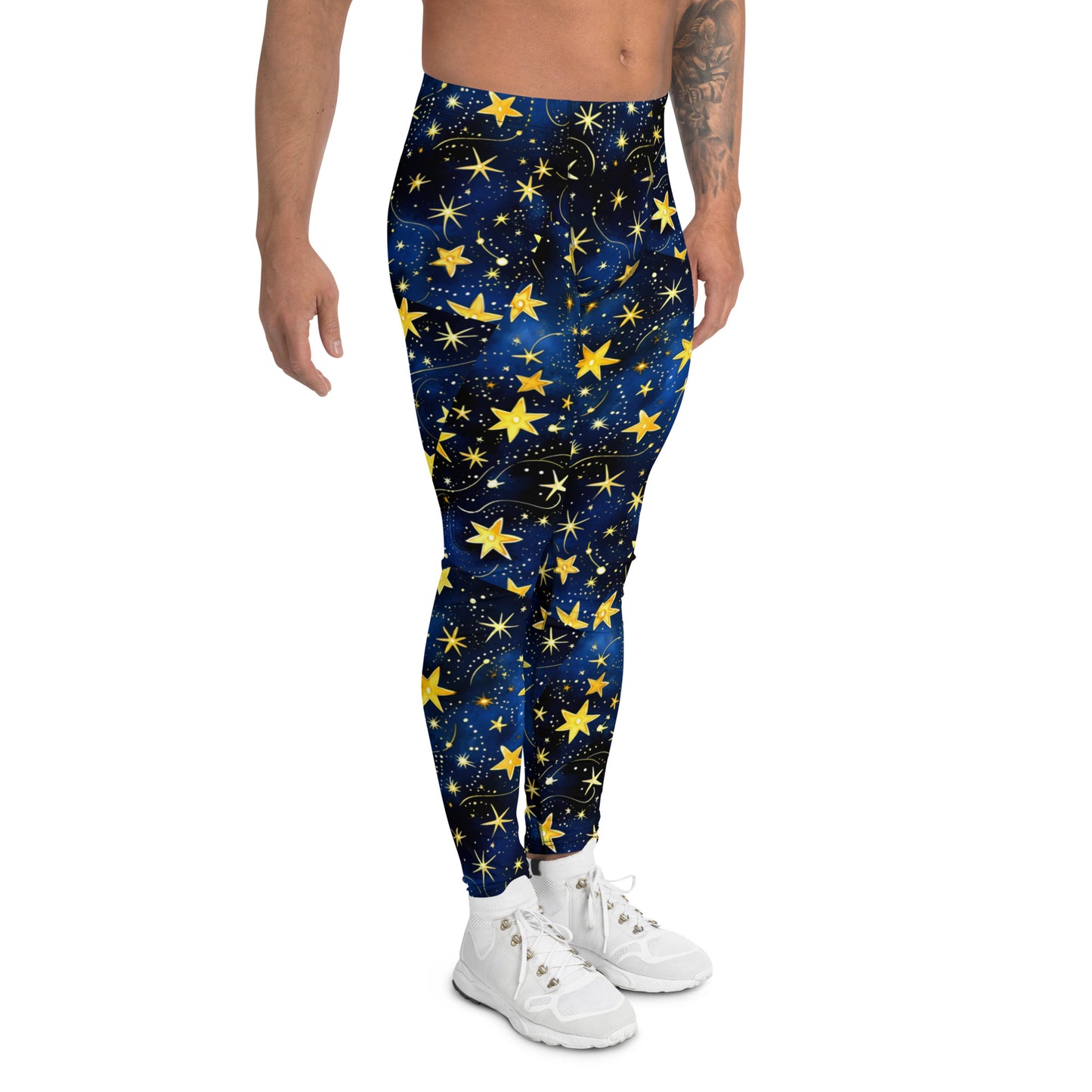 Men's all-over print leggings with white background, left-side view alternate angle.