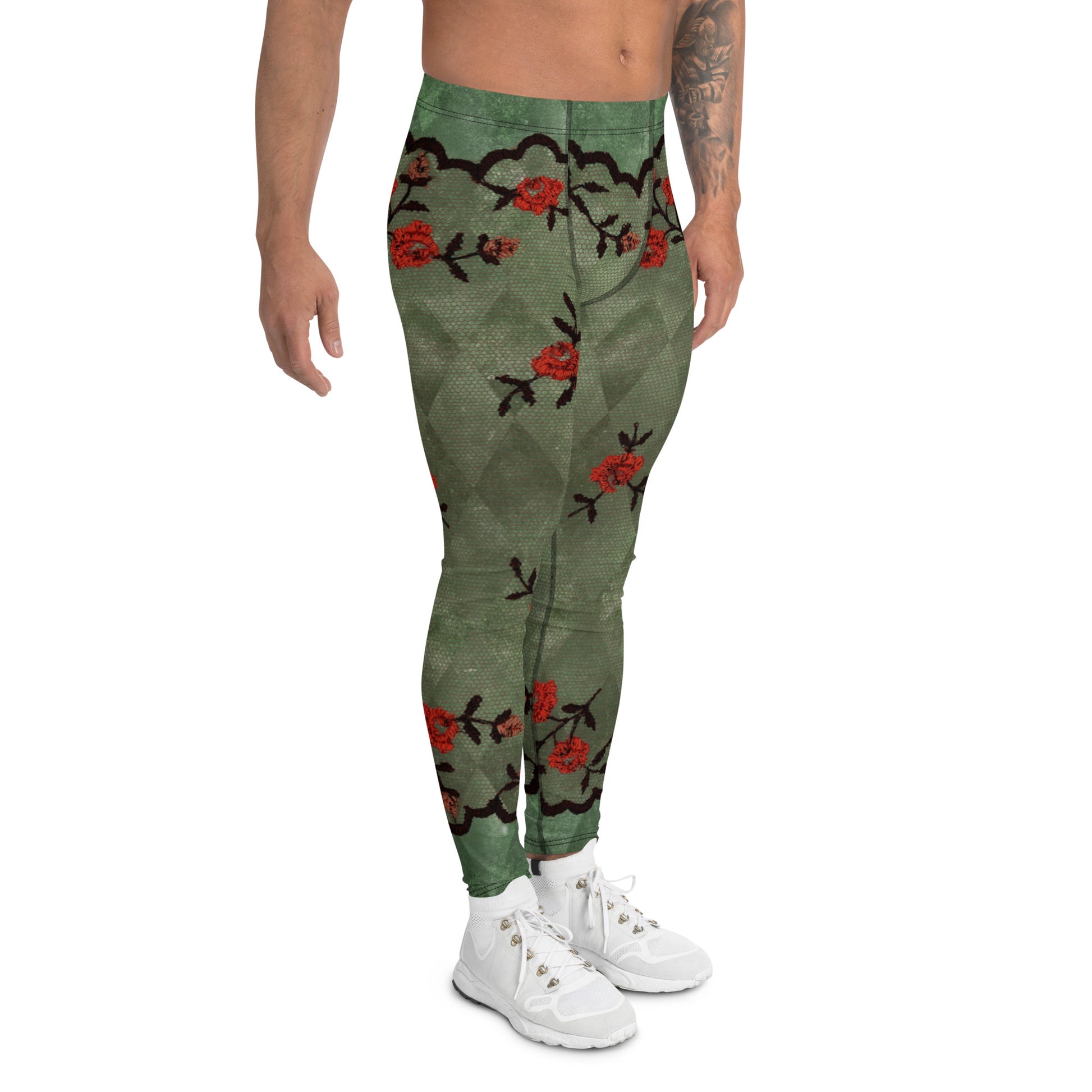 Men's all-over print leggings with white background, right-side view alternate angle.