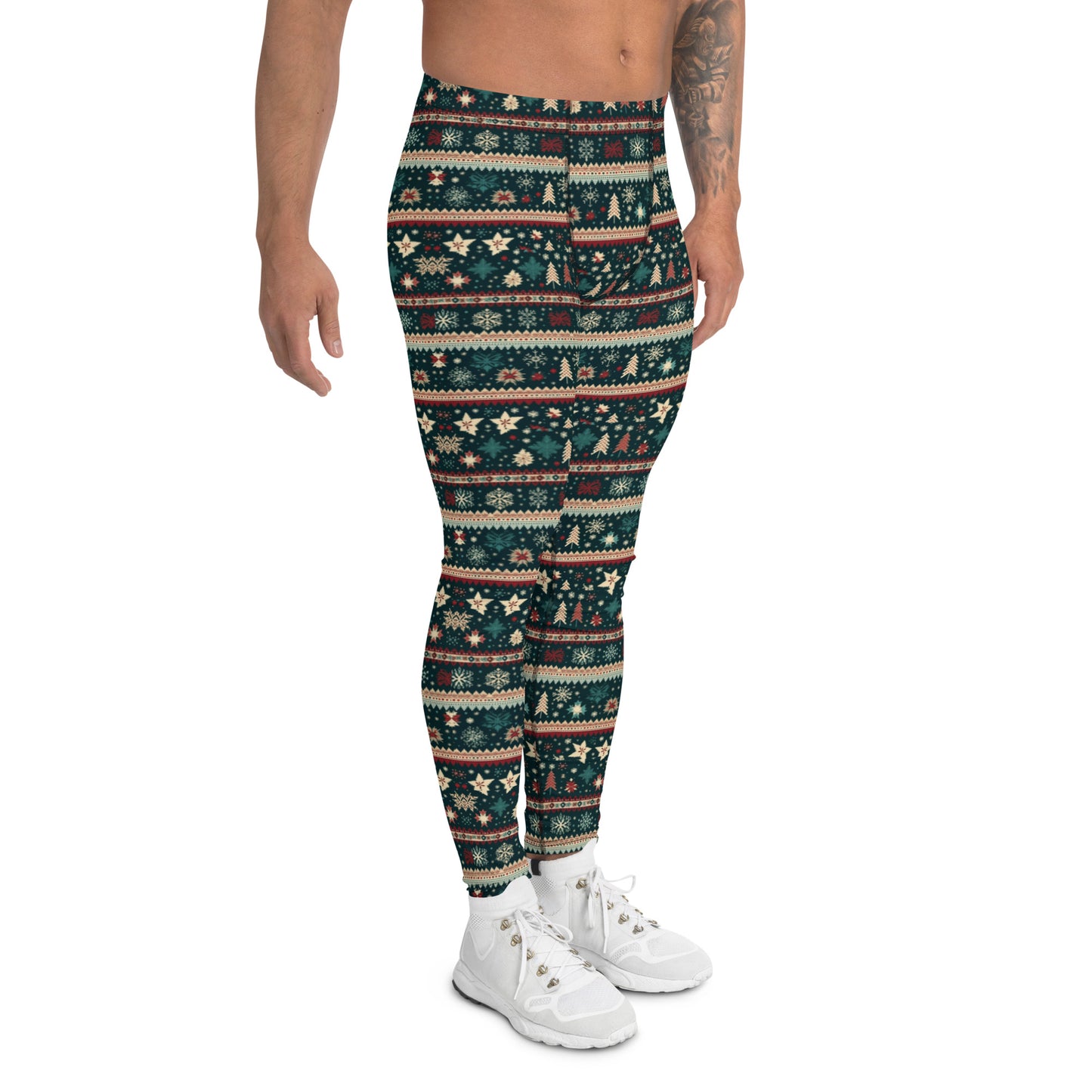 Men's all-over print leggings with white background, right-side view alternate angle.