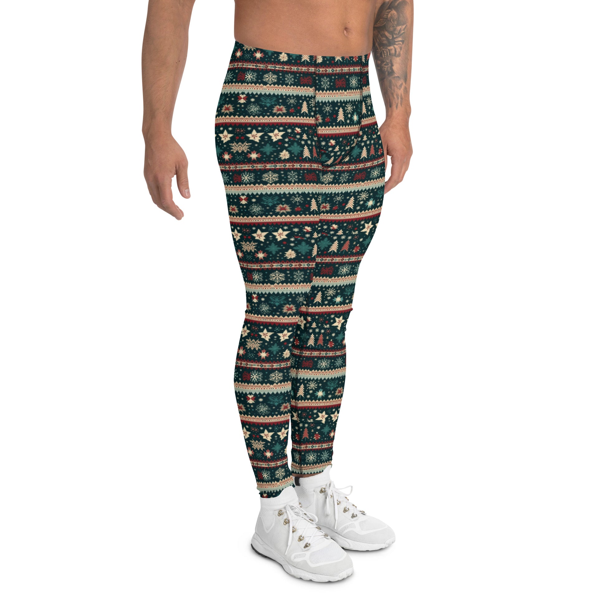 Men's all-over print leggings with white background, right-side view alternate angle.