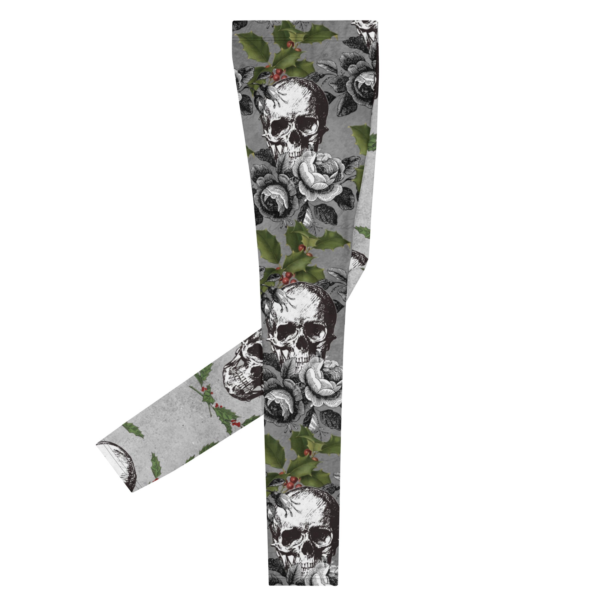 Men's all-over print leggings with white background, left-side view alternate angle.