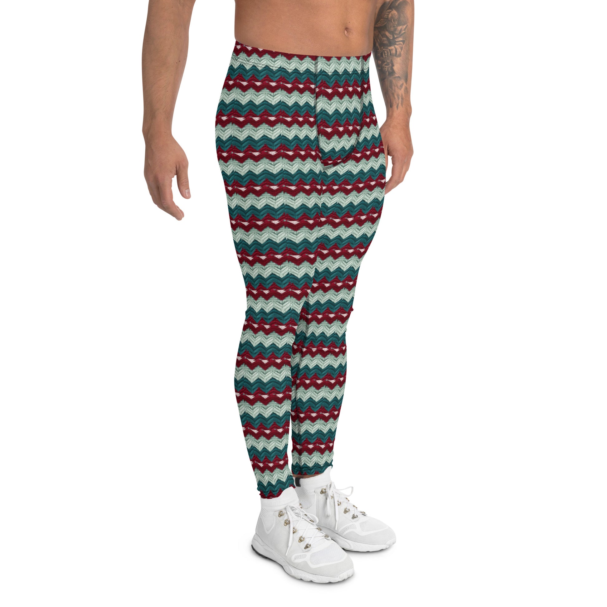 Men's all-over print leggings with white background, right-side view alternate angle.