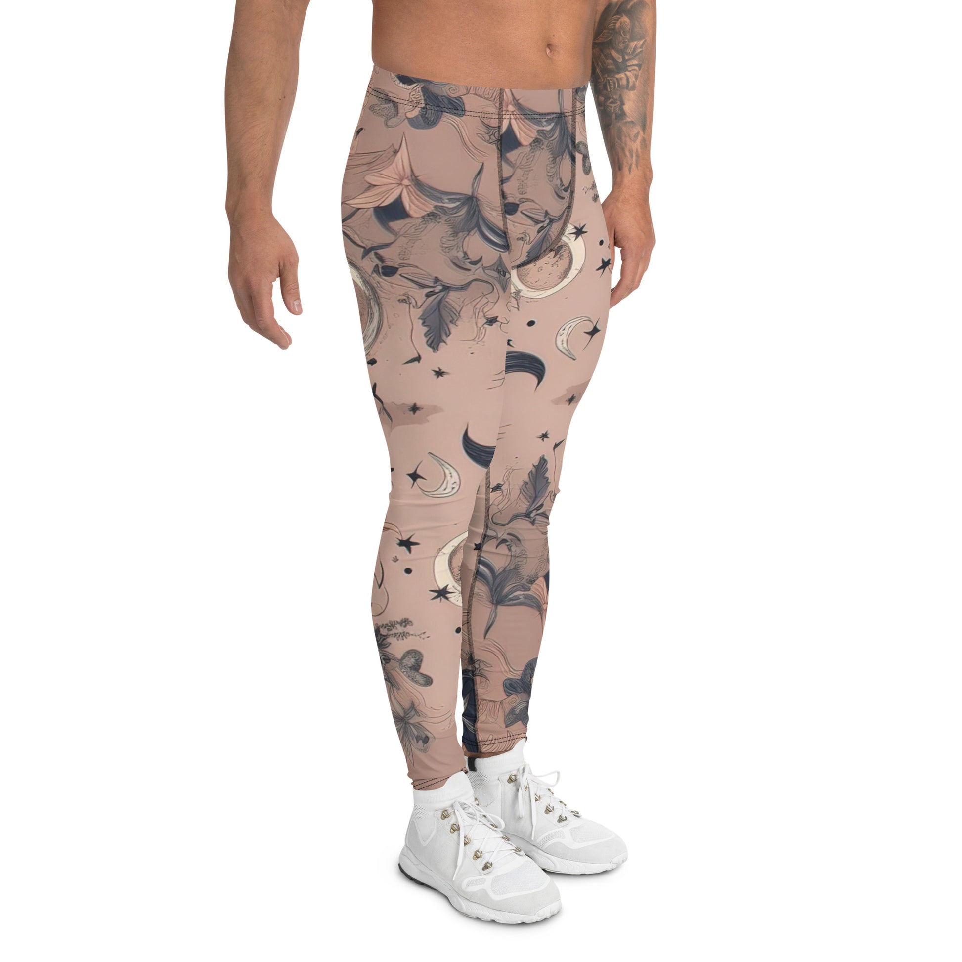 Men's all-over print leggings with white background, right-side view.