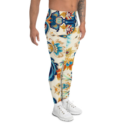 Men's all-over print leggings with white background, right-side view.