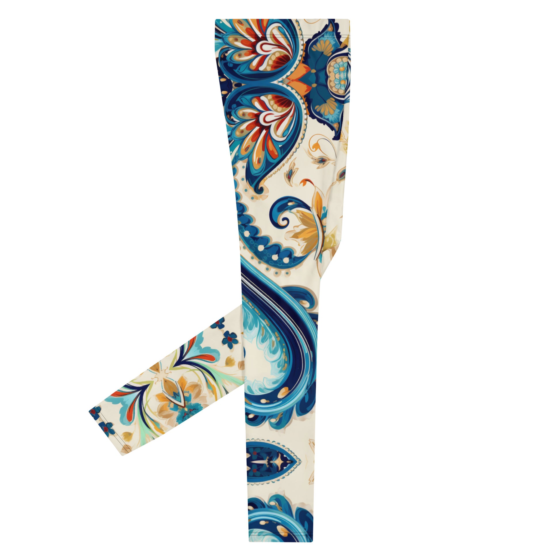 Men's all-over print leggings with white background, right-side view alternate angle.