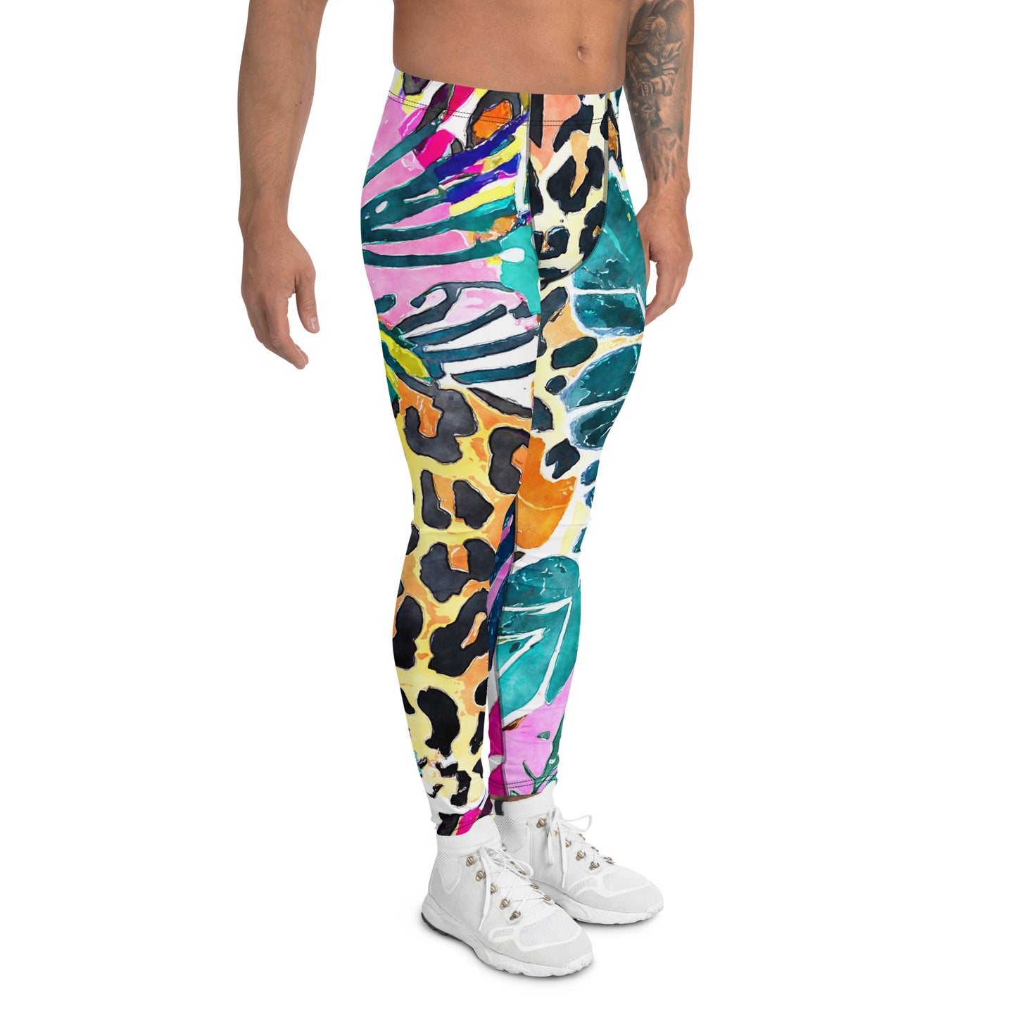 Men's all-over print leggings with white background, right-side view.