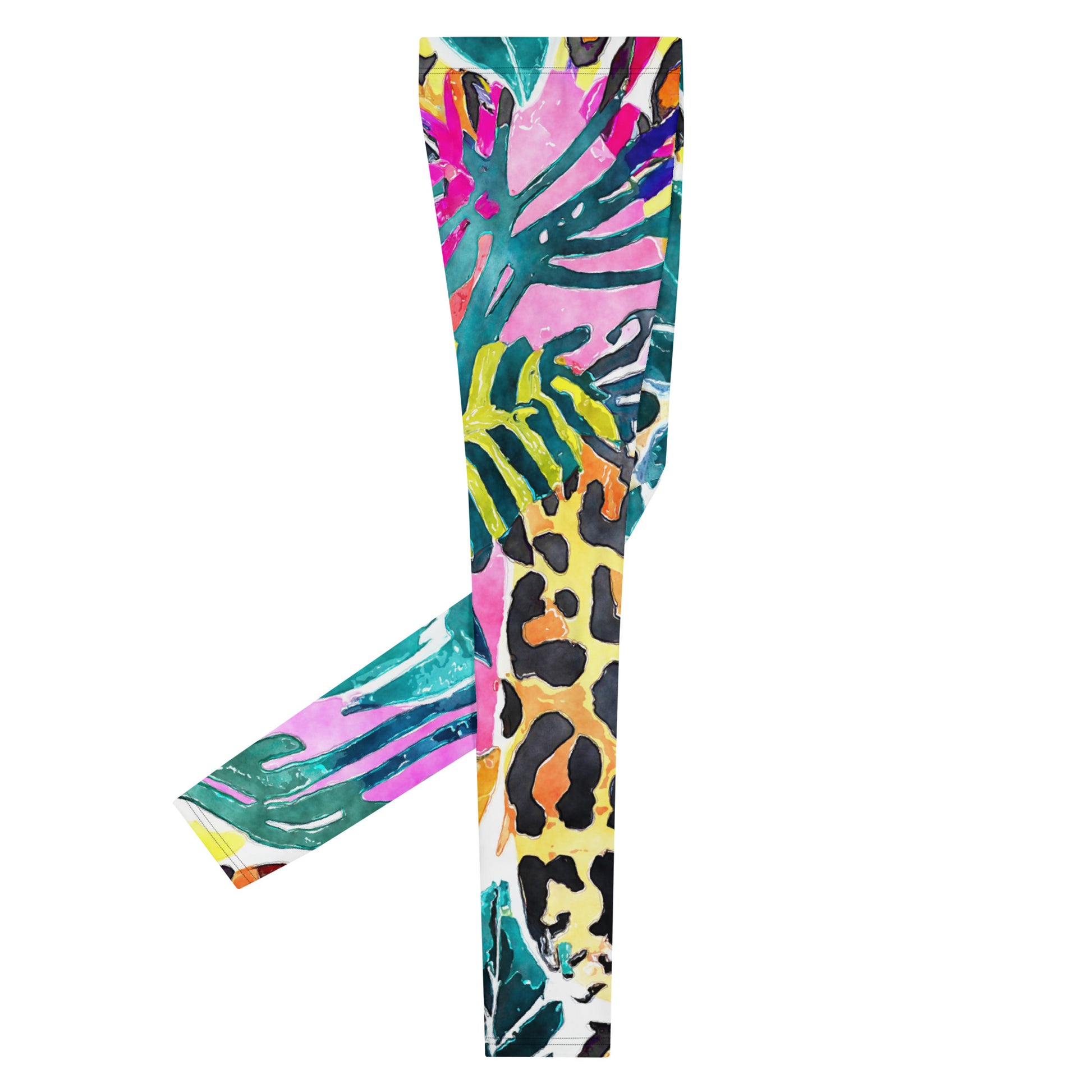 Men's all-over print leggings with white background, right-side view alternate angle.