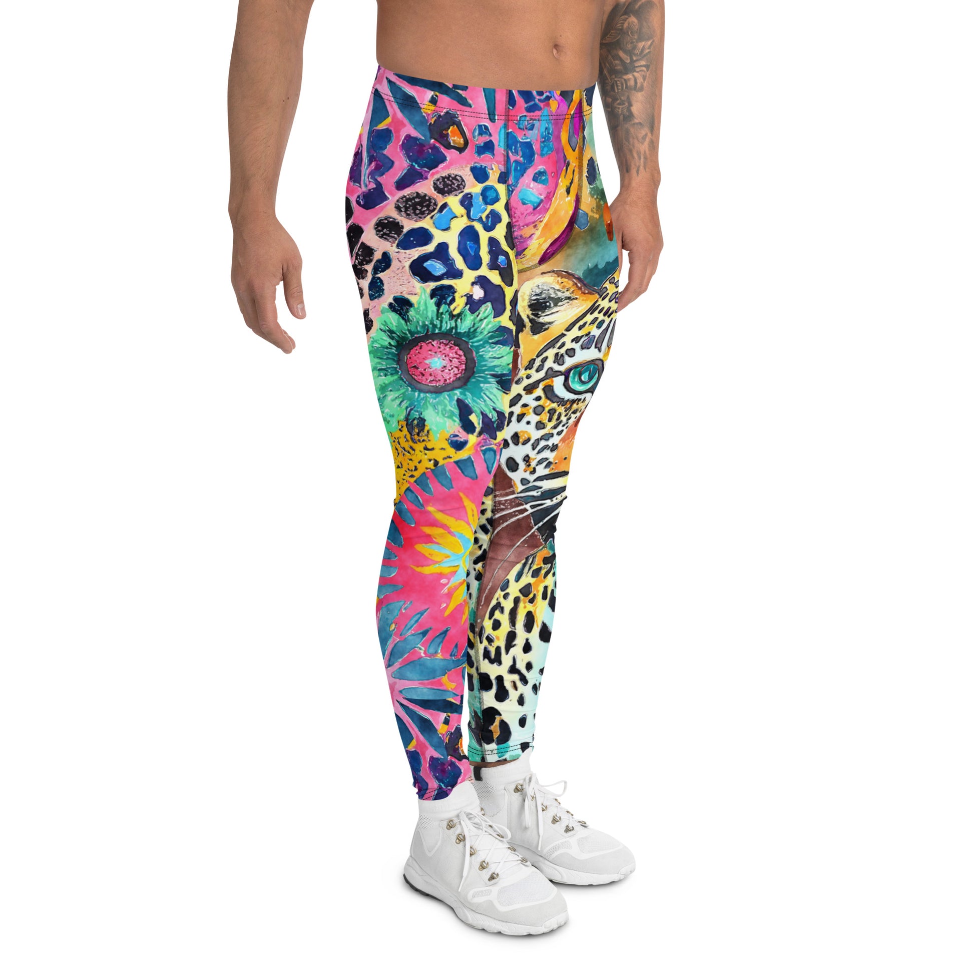 Men's all-over print leggings with white background, right-side view.