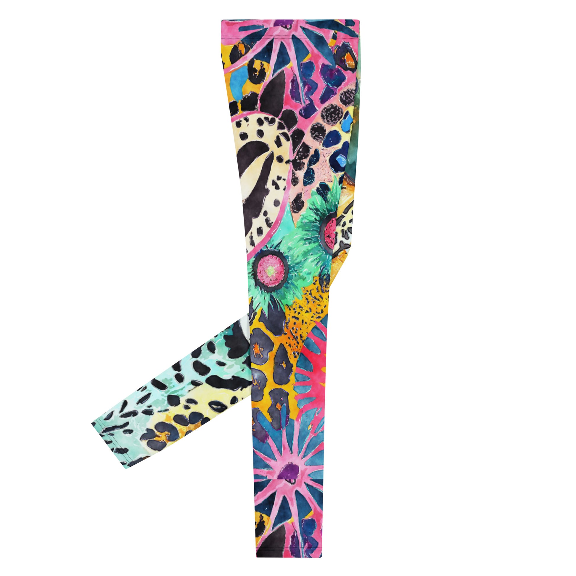 Men's all-over print leggings with white background, right-side view alternate angle.