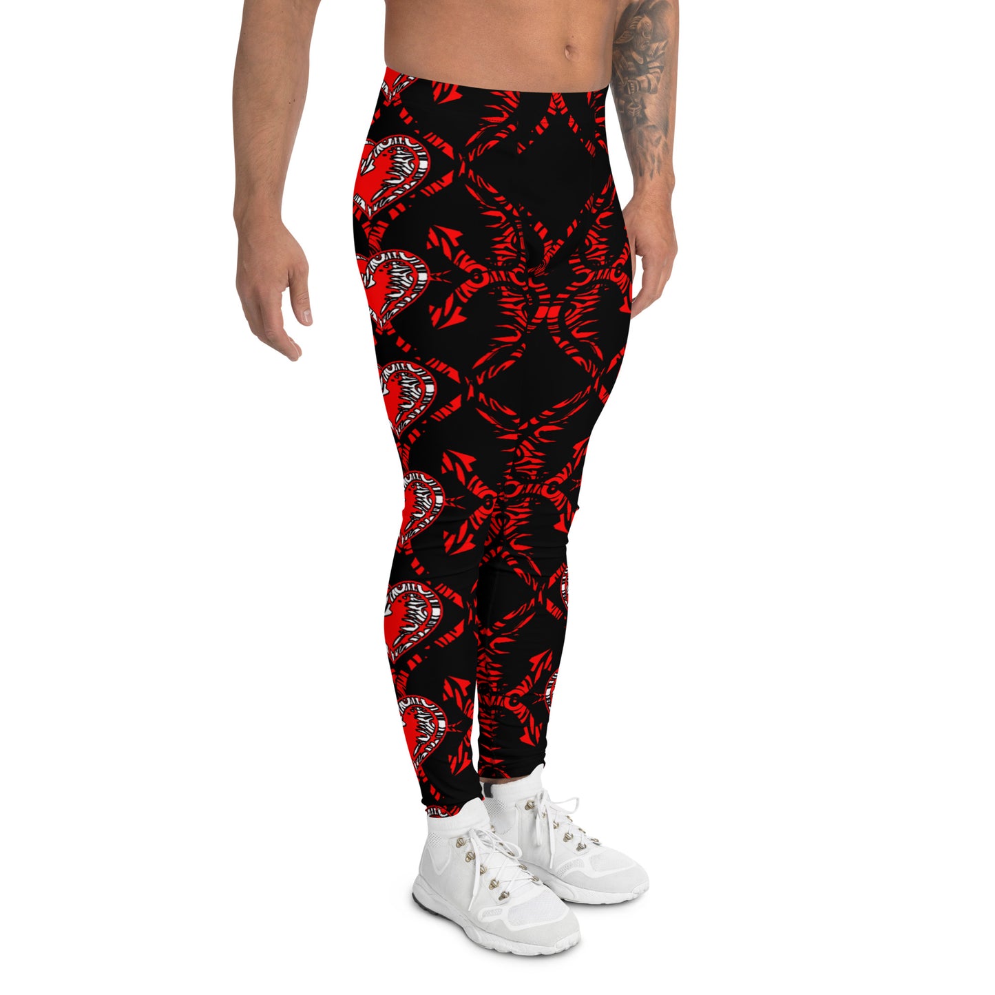 Men's Leggings, Red Hearts and Arrows on Black